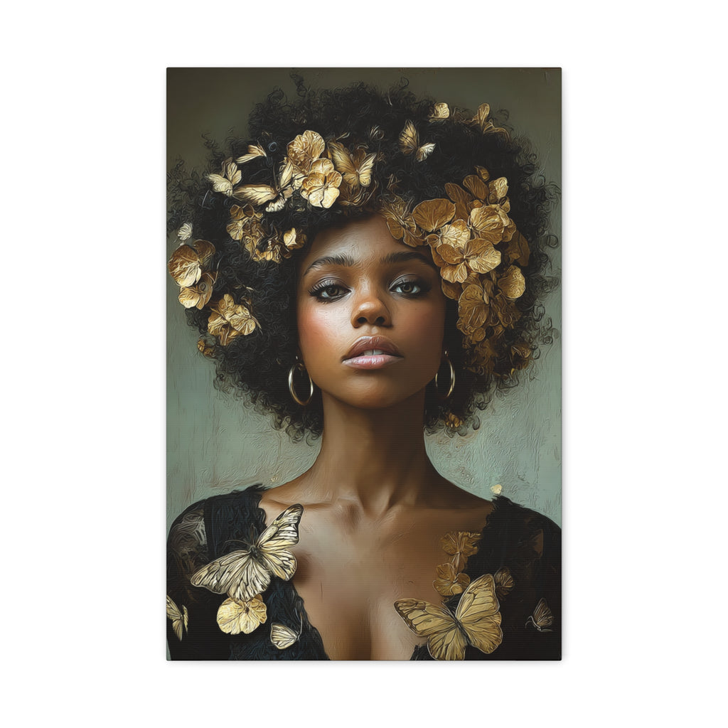 Lienzo decorativo para pared Mujer negra – Retrato floral afro dorado