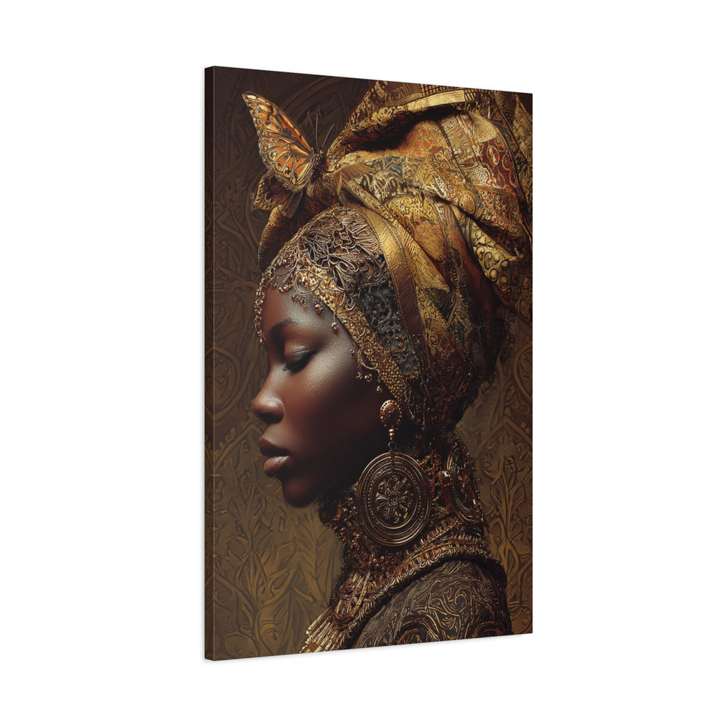 African Woman Wall Art Canvas Print – Gold Headwrap Portrait, Black Woman Art, Boho Neutral Modern Home Decor