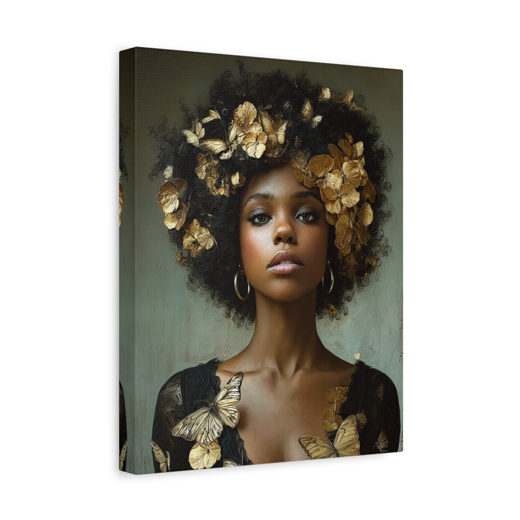 Lienzo decorativo para pared Mujer negra – Retrato floral afro dorado