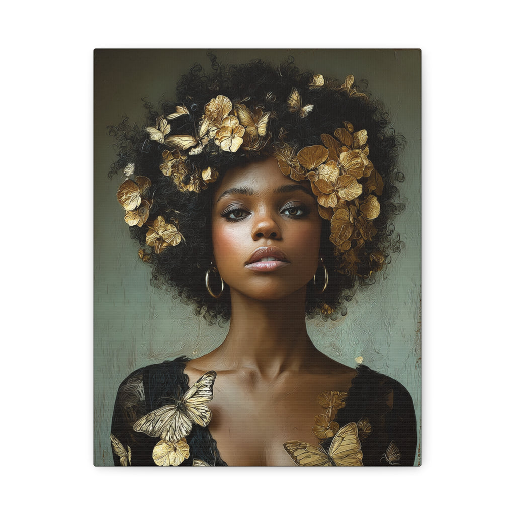 Lienzo decorativo para pared Mujer negra – Retrato floral afro dorado