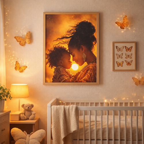 Lienzo de Madre e Hija Afroamericana al Atardecer, Arte de Maternidad y Bebé Negro