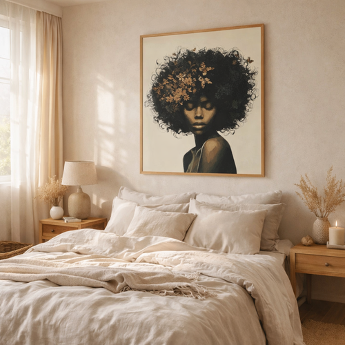 Retrato Floral Afro en Lienzo — Arte de Pared Mate Estirado