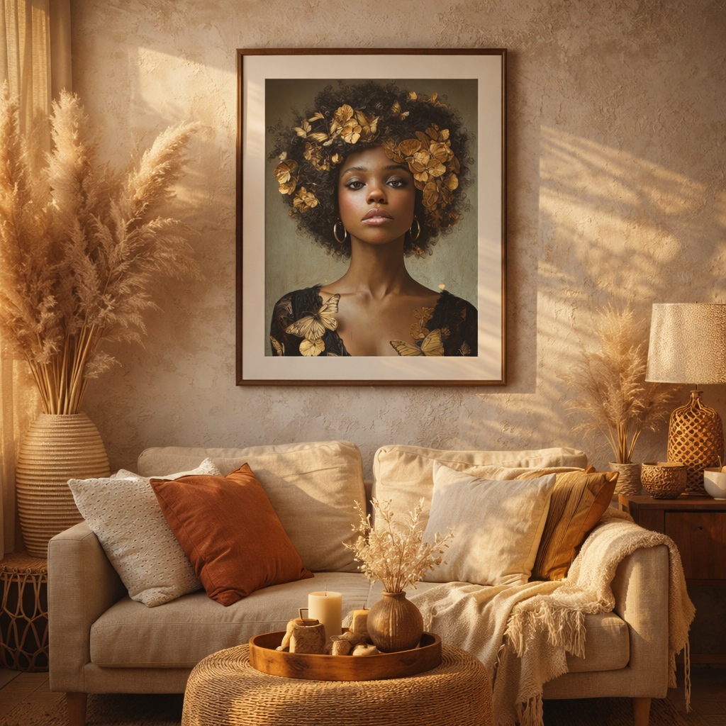 Lienzo decorativo para pared Mujer negra – Retrato floral afro dorado
