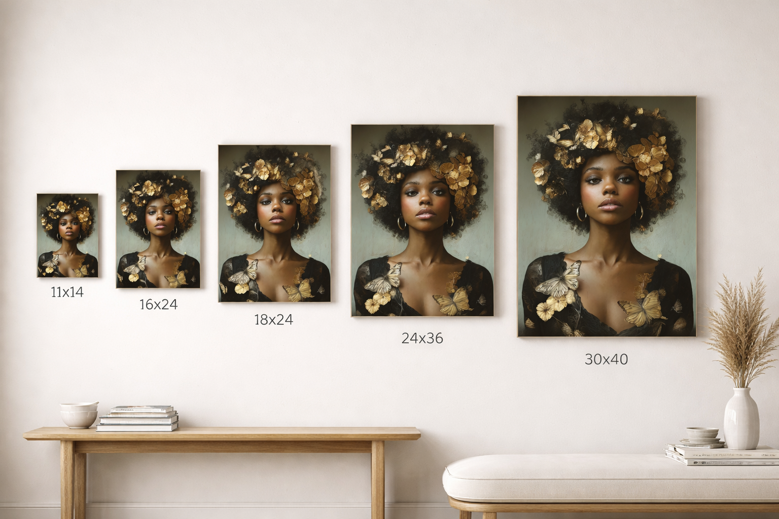 Lienzo decorativo para pared Mujer negra – Retrato floral afro dorado