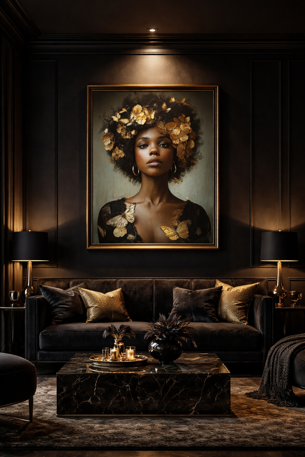Lienzo decorativo para pared Mujer negra – Retrato floral afro dorado