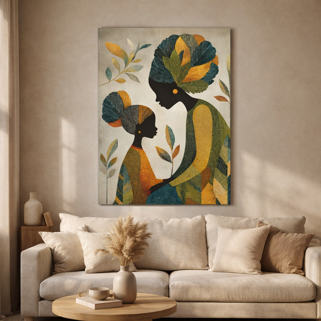 Mother and Daughter Abstract Art Canvas Print — African-Inspired Family Wall Decor