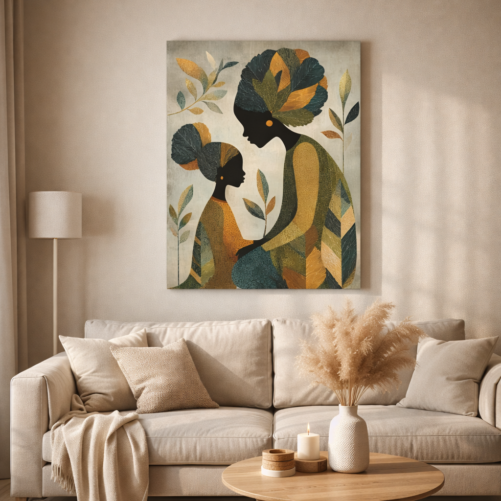 Mother and Daughter Abstract Art Canvas Print — African-Inspired Family Wall Decor