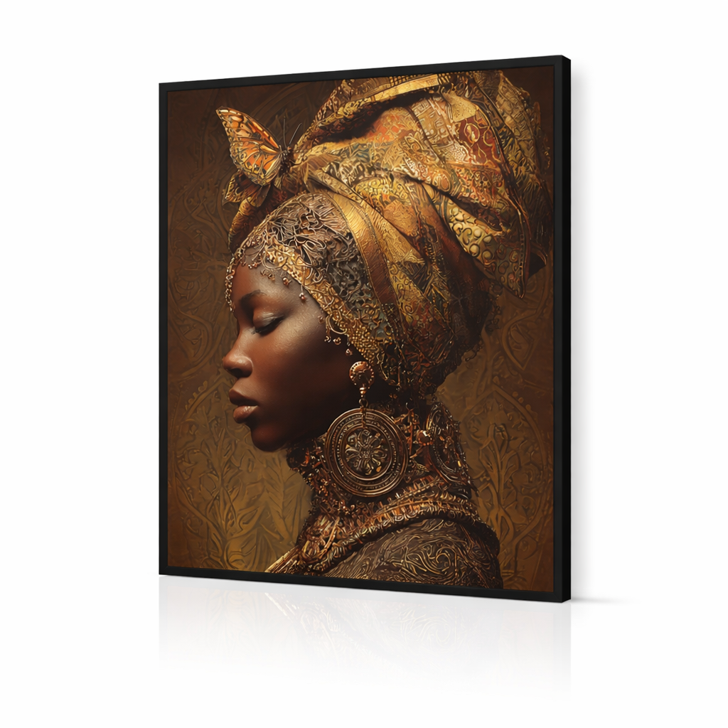 African Woman Wall Art Canvas Print – Gold Headwrap Portrait, Black Woman Art, Boho Neutral Modern Home Decor
