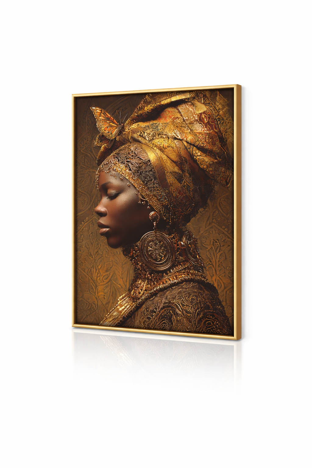African Woman Wall Art Canvas Print – Gold Headwrap Portrait, Black Woman Art, Boho Neutral Modern Home Decor