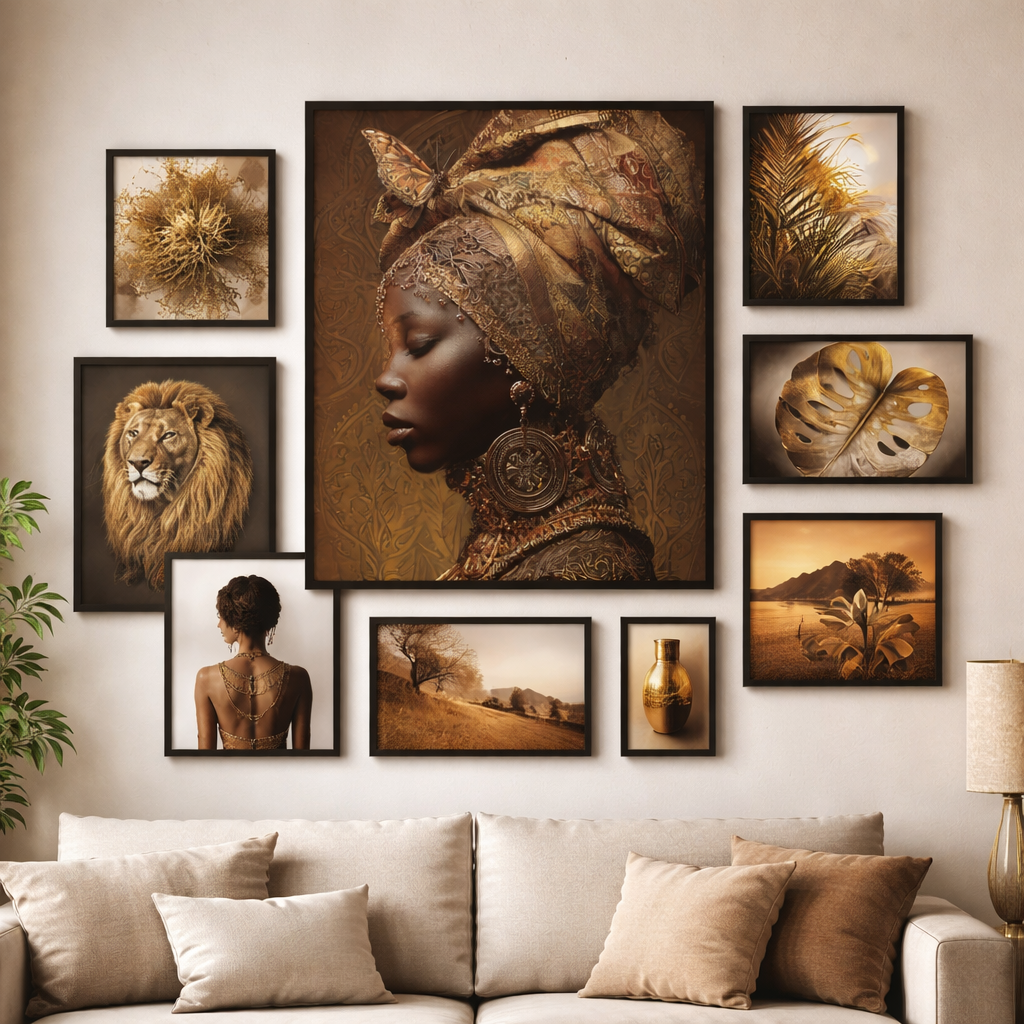 African Woman Wall Art Canvas Print – Gold Headwrap Portrait, Black Woman Art, Boho Neutral Modern Home Decor