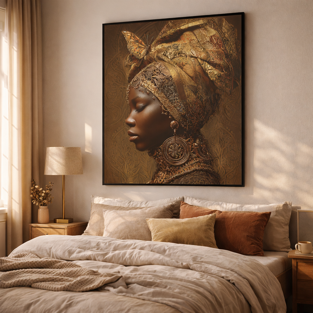 African Woman Wall Art Canvas Print – Gold Headwrap Portrait, Black Woman Art, Boho Neutral Modern Home Decor