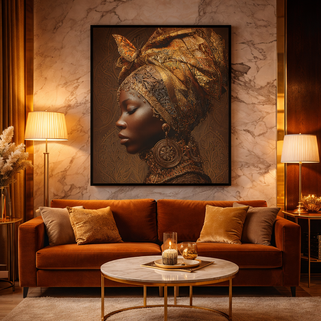African Woman Wall Art Canvas Print – Gold Headwrap Portrait, Black Woman Art, Boho Neutral Modern Home Decor