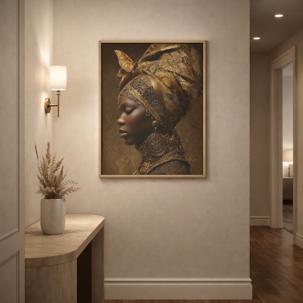 African Woman Wall Art Canvas Print – Gold Headwrap Portrait, Black Woman Art, Boho Neutral Modern Home Decor