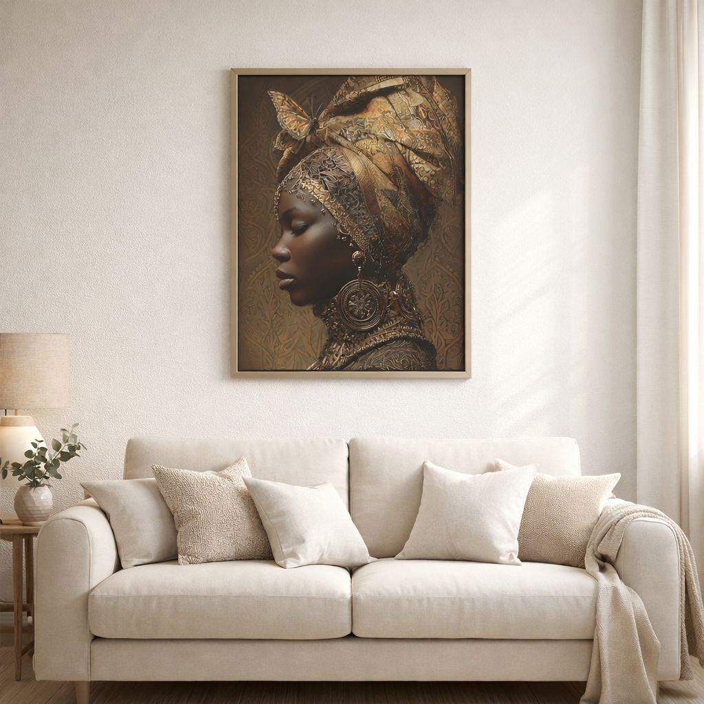 African Woman Wall Art Canvas Print – Gold Headwrap Portrait, Black Woman Art, Boho Neutral Modern Home Decor
