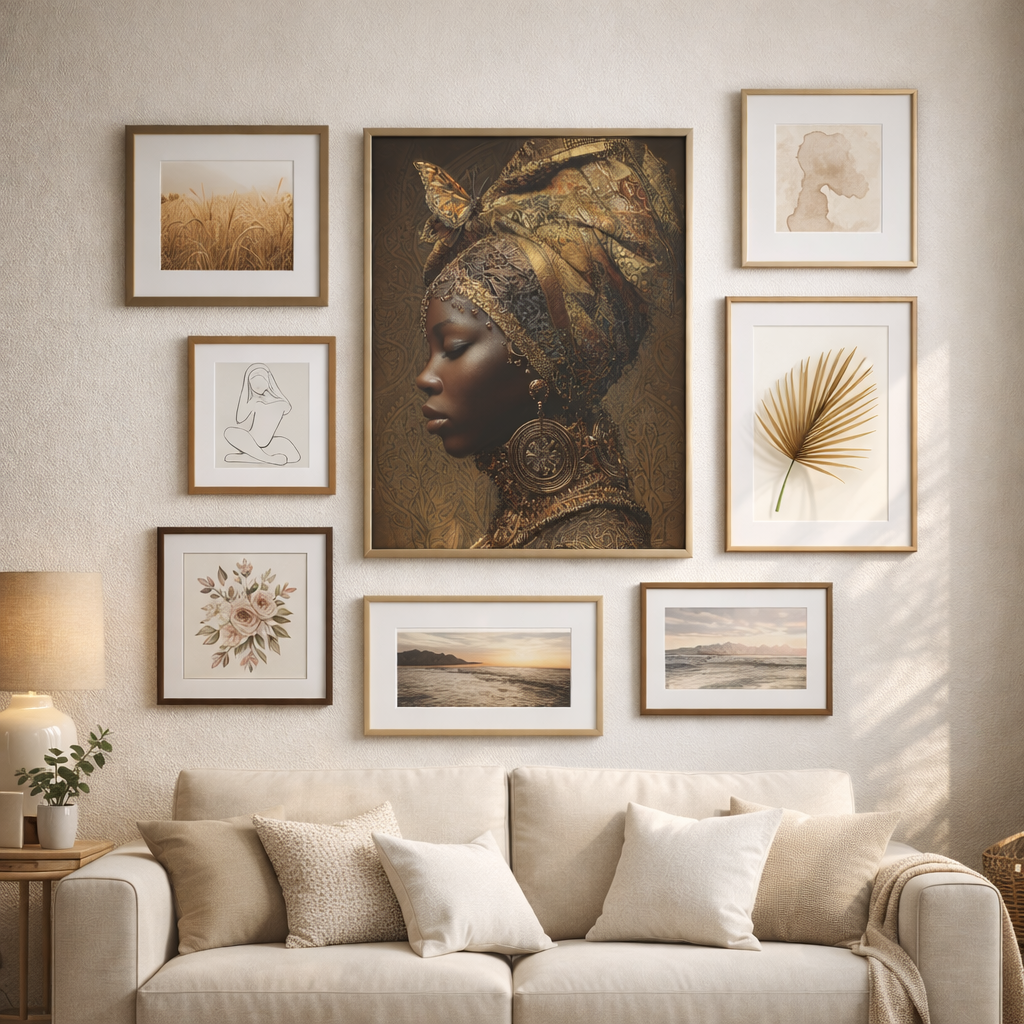 African Woman Wall Art Canvas Print – Gold Headwrap Portrait, Black Woman Art, Boho Neutral Modern Home Decor