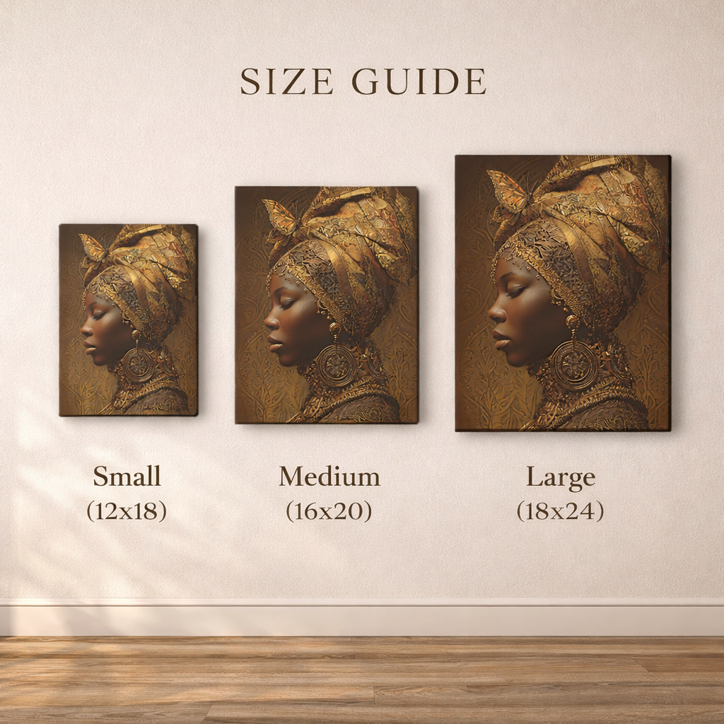 African Woman Wall Art Canvas Print – Gold Headwrap Portrait, Black Woman Art, Boho Neutral Modern Home Decor