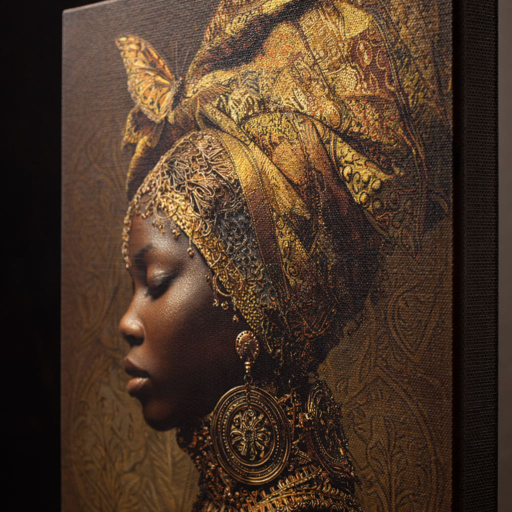 African Woman Wall Art Canvas Print – Gold Headwrap Portrait, Black Woman Art, Boho Neutral Modern Home Decor