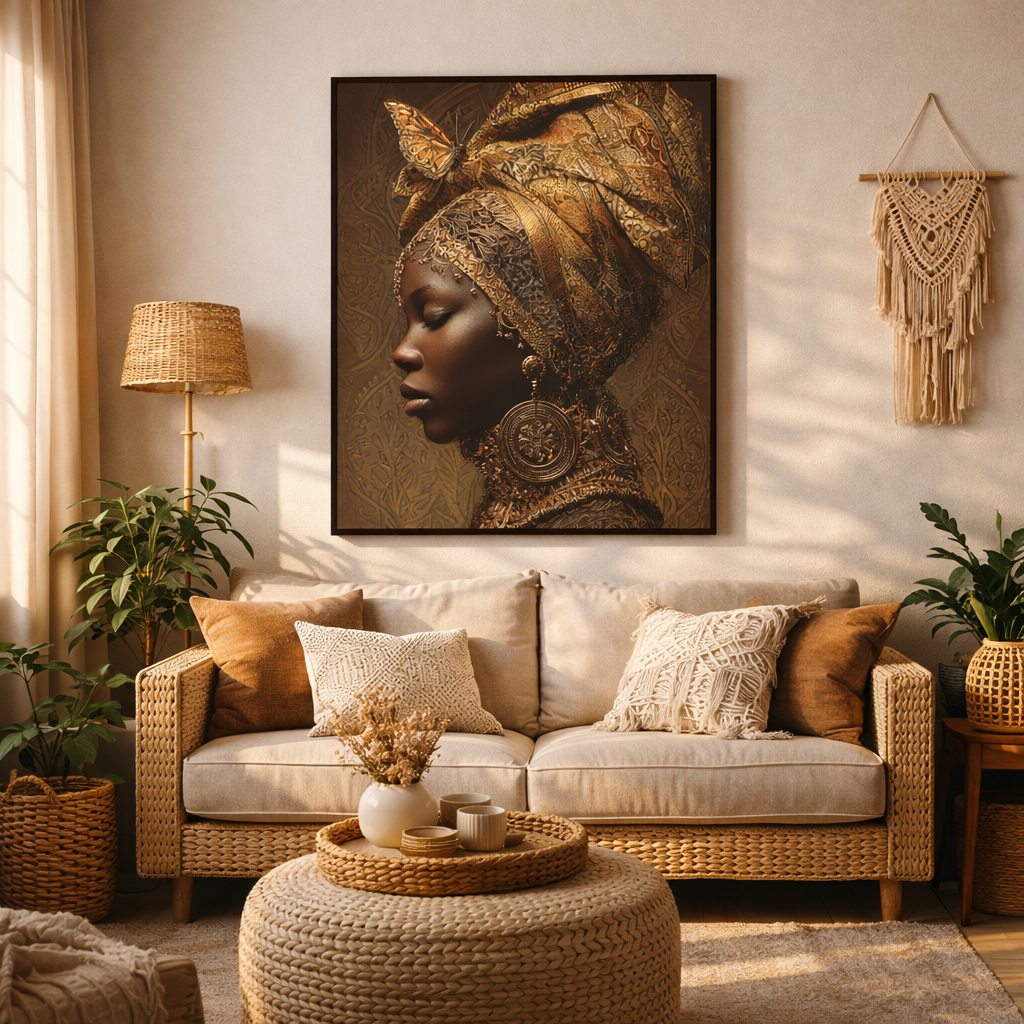 African Woman Wall Art Canvas Print – Gold Headwrap Portrait, Black Woman Art, Boho Neutral Modern Home Decor