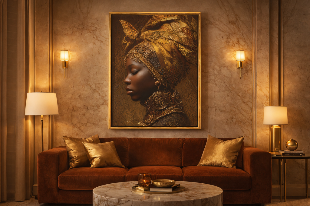 African Woman Wall Art Canvas Print – Gold Headwrap Portrait, Black Woman Art, Boho Neutral Modern Home Decor
