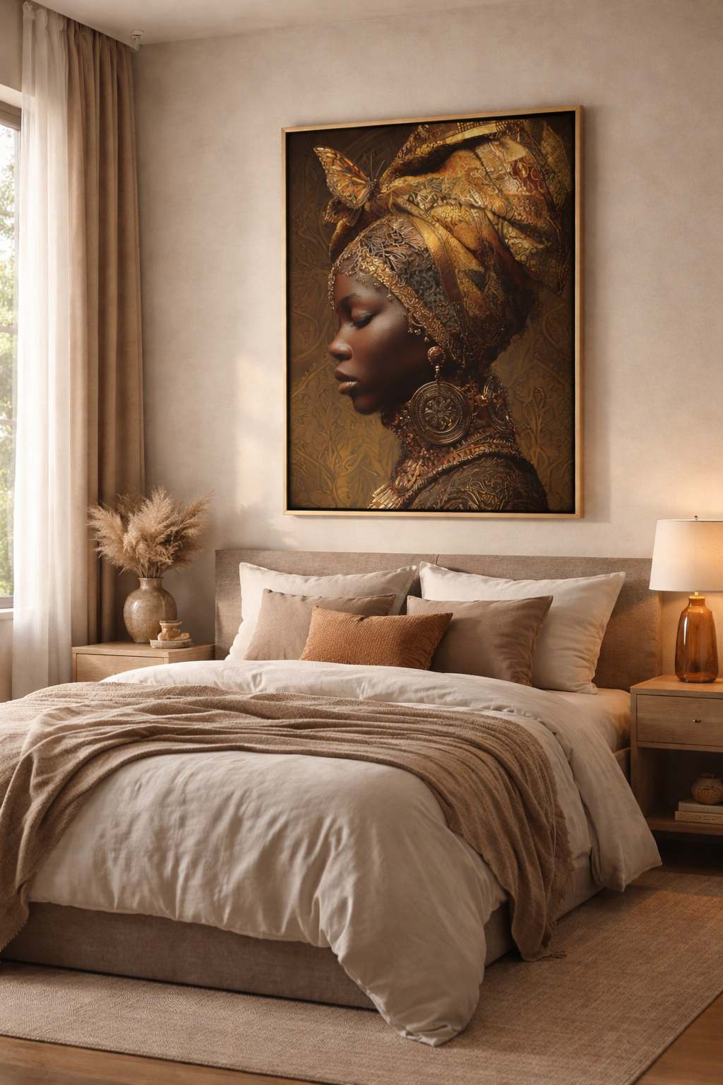 African Woman Wall Art Canvas Print – Gold Headwrap Portrait, Black Woman Art, Boho Neutral Modern Home Decor