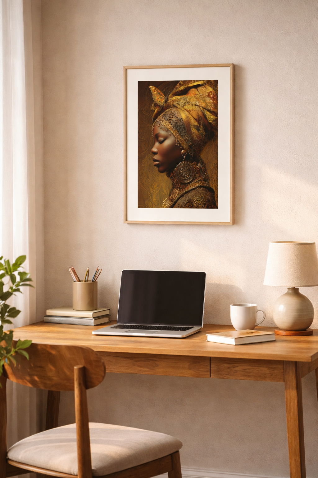African Woman Wall Art Canvas Print – Gold Headwrap Portrait, Black Woman Art, Boho Neutral Modern Home Decor