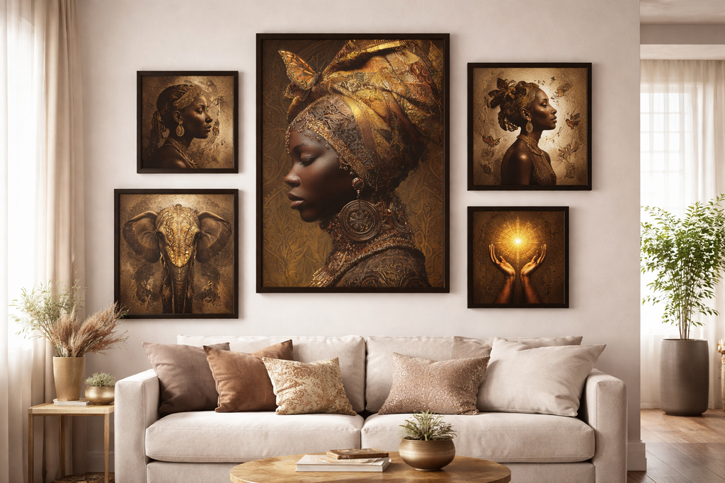 African Woman Wall Art Canvas Print – Gold Headwrap Portrait, Black Woman Art, Boho Neutral Modern Home Decor