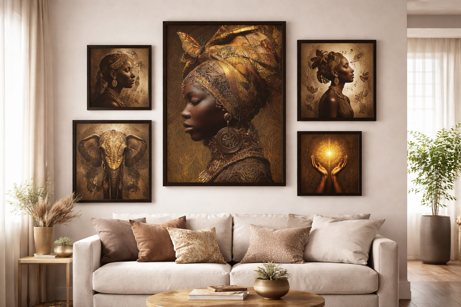 African Woman Wall Art Canvas Print – Gold Headwrap Portrait, Black Woman Art, Boho Neutral Modern Home Decor
