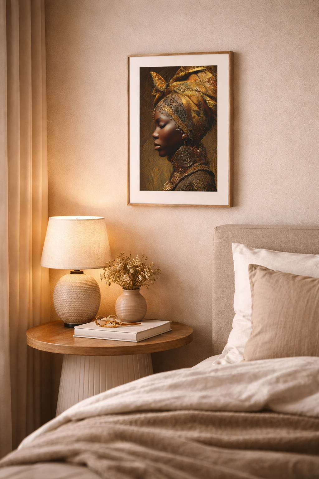 African Woman Wall Art Canvas Print – Gold Headwrap Portrait, Black Woman Art, Boho Neutral Modern Home Decor