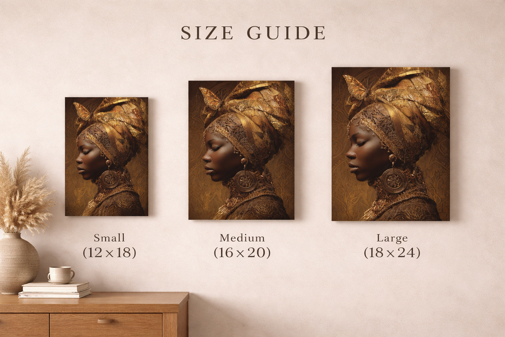 African Woman Wall Art Canvas Print – Gold Headwrap Portrait, Black Woman Art, Boho Neutral Modern Home Decor