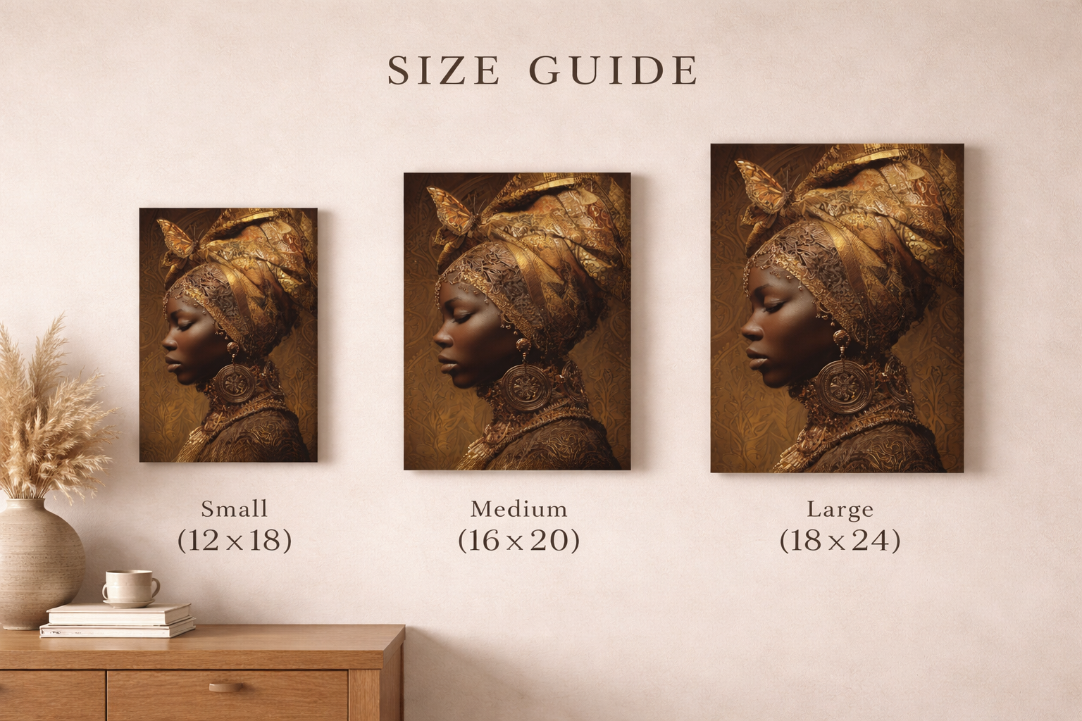 African Woman Wall Art Canvas Print – Gold Headwrap Portrait, Black Woman Art, Boho Neutral Modern Home Decor