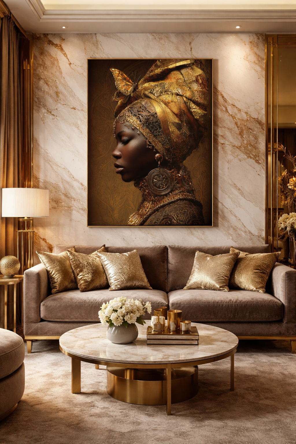African Woman Wall Art Canvas Print – Gold Headwrap Portrait, Black Woman Art, Boho Neutral Modern Home Decor