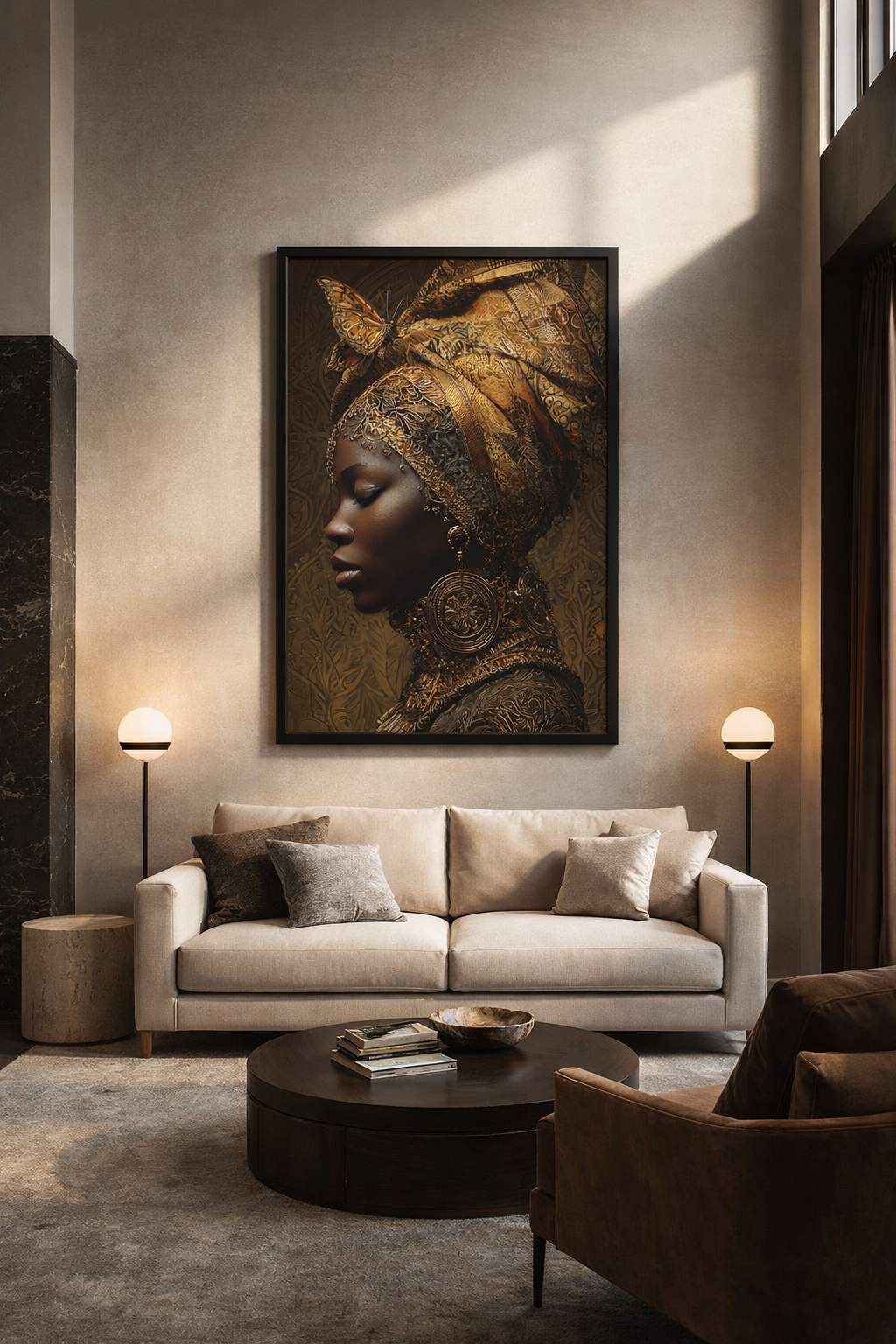 African Woman Wall Art Canvas Print – Gold Headwrap Portrait, Black Woman Art, Boho Neutral Modern Home Decor
