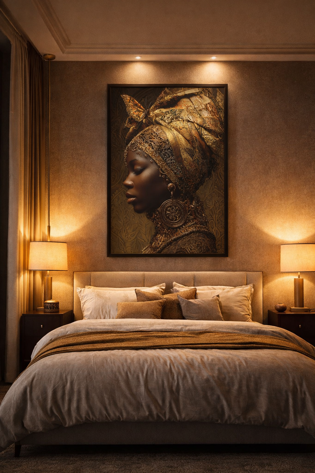 African Woman Wall Art Canvas Print – Gold Headwrap Portrait, Black Woman Art, Boho Neutral Modern Home Decor