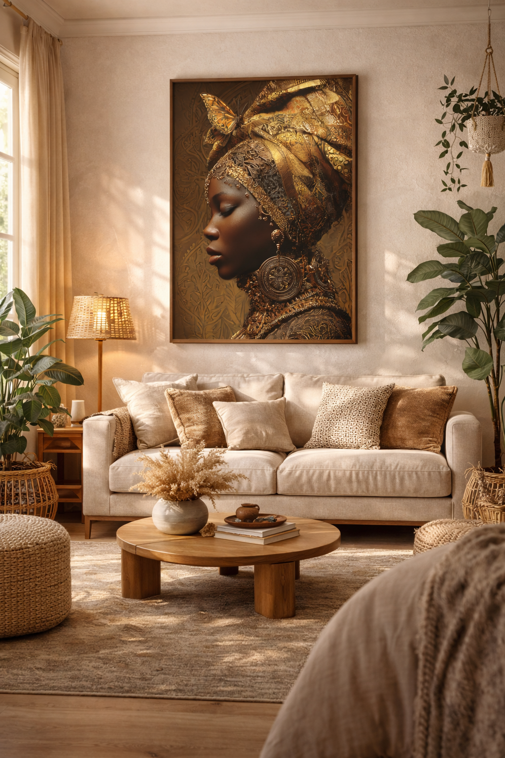 African Woman Wall Art Canvas Print – Gold Headwrap Portrait, Black Woman Art, Boho Neutral Modern Home Decor