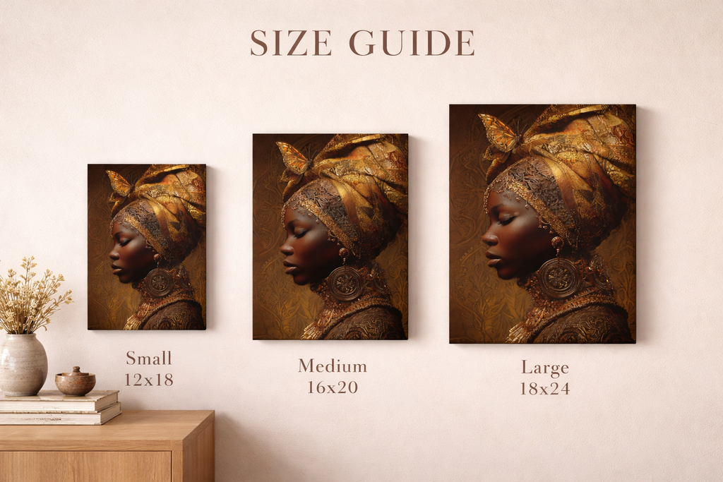 African Woman Wall Art Canvas Print – Gold Headwrap Portrait, Black Woman Art, Boho Neutral Modern Home Decor