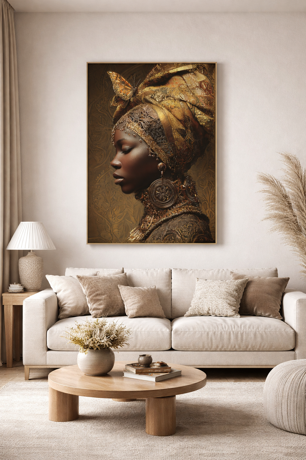 African Woman Wall Art Canvas Print – Gold Headwrap Portrait, Black Woman Art, Boho Neutral Modern Home Decor