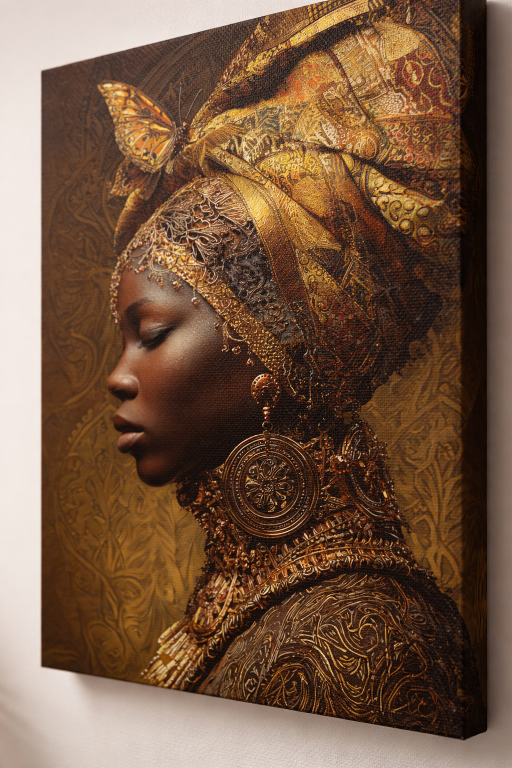 African Woman Wall Art Canvas Print – Gold Headwrap Portrait, Black Woman Art, Boho Neutral Modern Home Decor