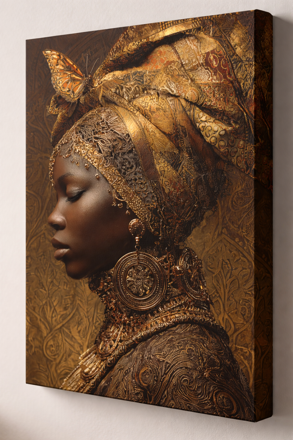 African Woman Wall Art Canvas Print – Gold Headwrap Portrait, Black Woman Art, Boho Neutral Modern Home Decor