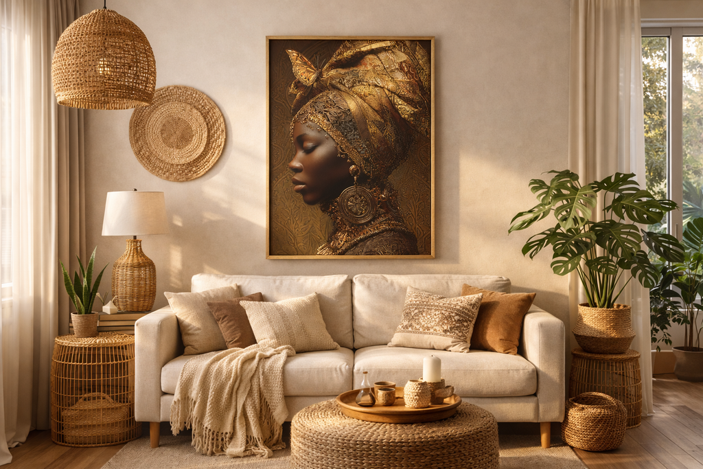 African Woman Wall Art Canvas Print – Gold Headwrap Portrait, Black Woman Art, Boho Neutral Modern Home Decor