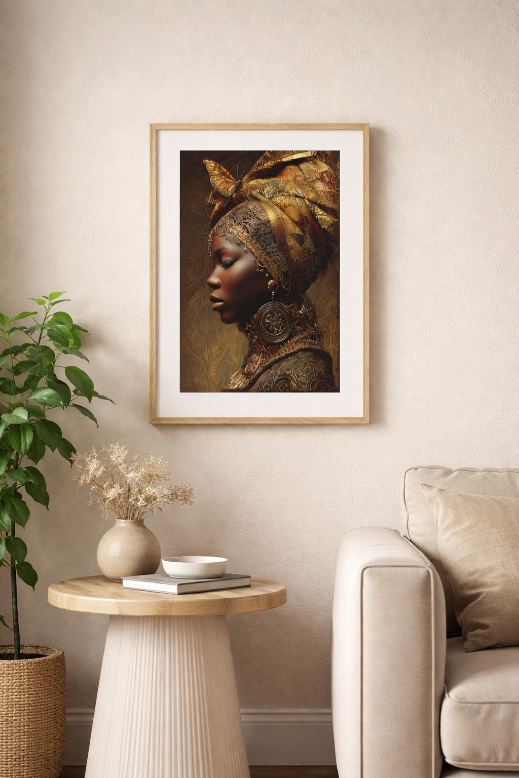 African Woman Wall Art Canvas Print – Gold Headwrap Portrait, Black Woman Art, Boho Neutral Modern Home Decor