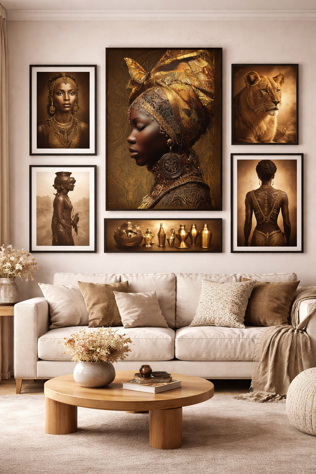 African Woman Wall Art Canvas Print – Gold Headwrap Portrait, Black Woman Art, Boho Neutral Modern Home Decor
