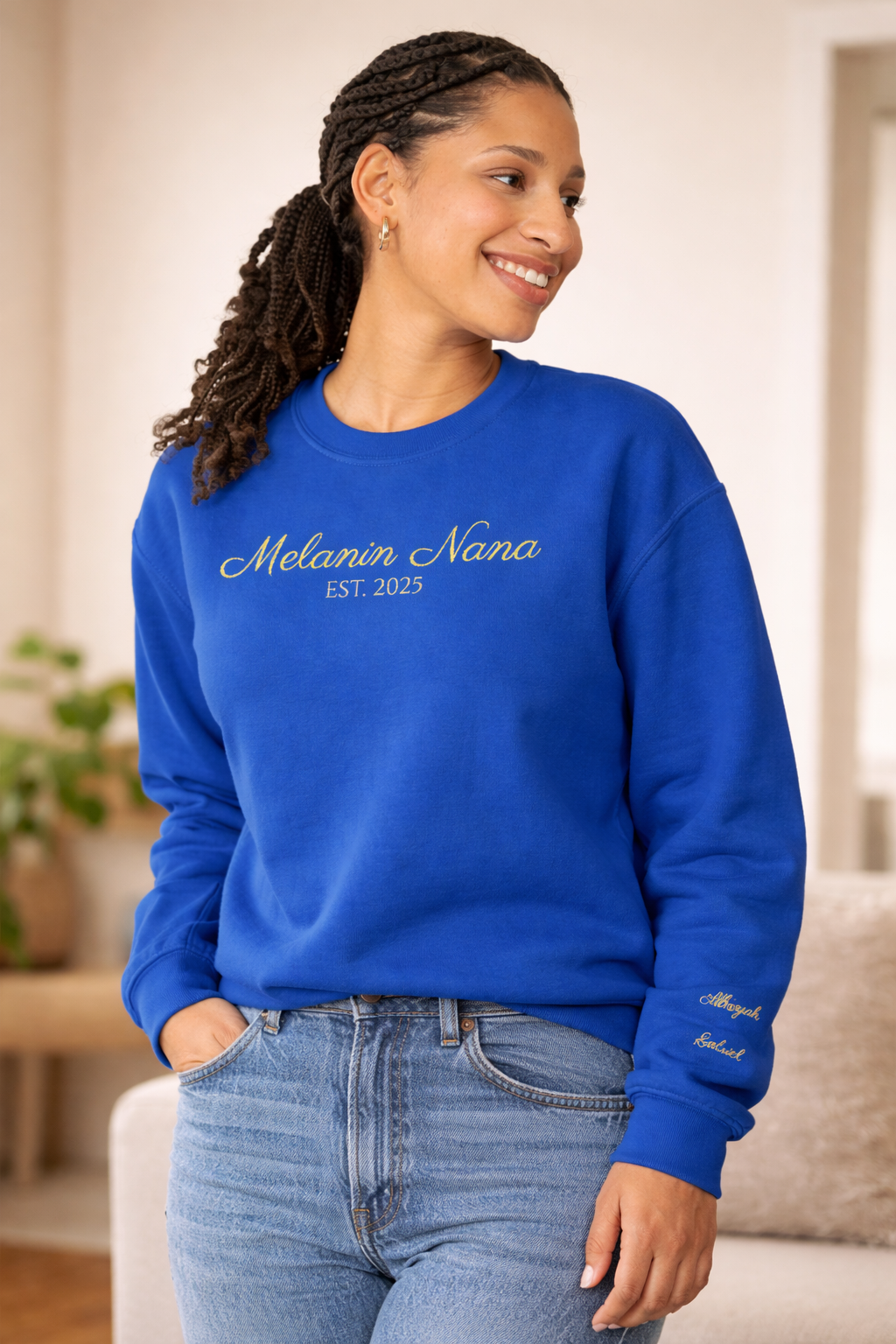 Melanin Nana Sweatshirt – Personalized EST Year Embroidered Nana Crewneck | Custom Mom Gift | Black Mom Apparel