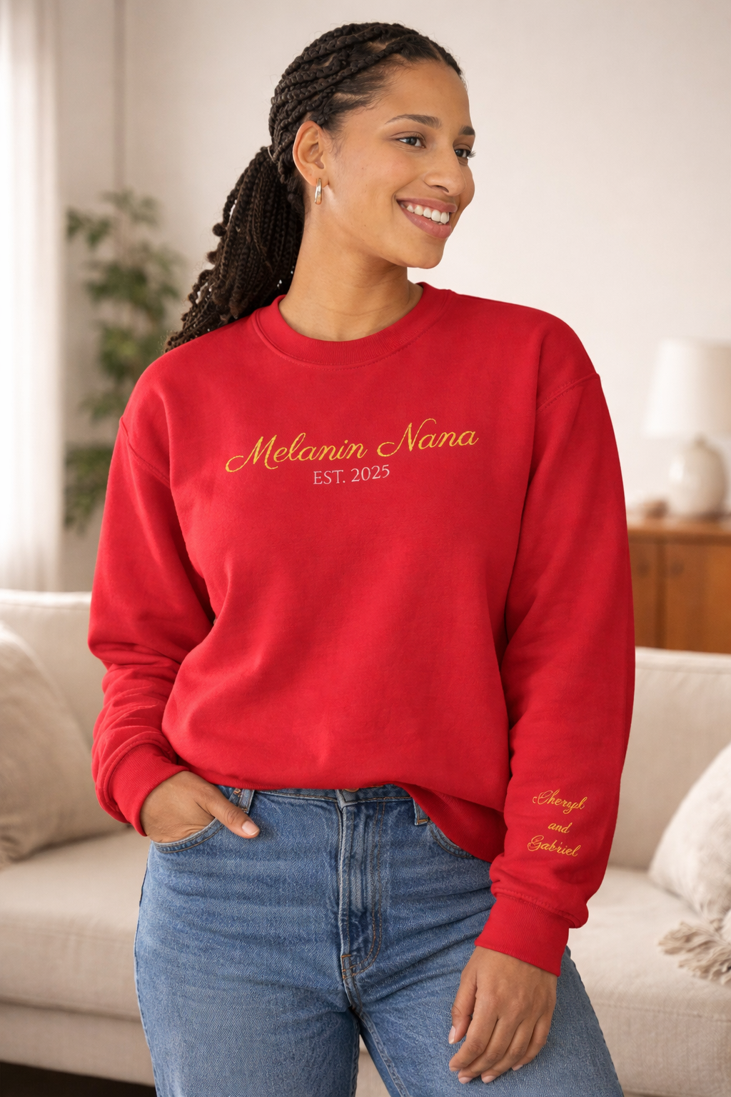 Melanin Nana Sweatshirt – Personalized EST Year Embroidered Nana Crewneck | Custom Mom Gift | Black Mom Apparel
