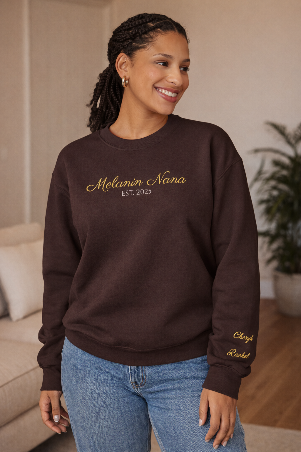 Melanin Nana Sweatshirt – Personalized EST Year Embroidered Nana Crewneck | Custom Mom Gift | Black Mom Apparel