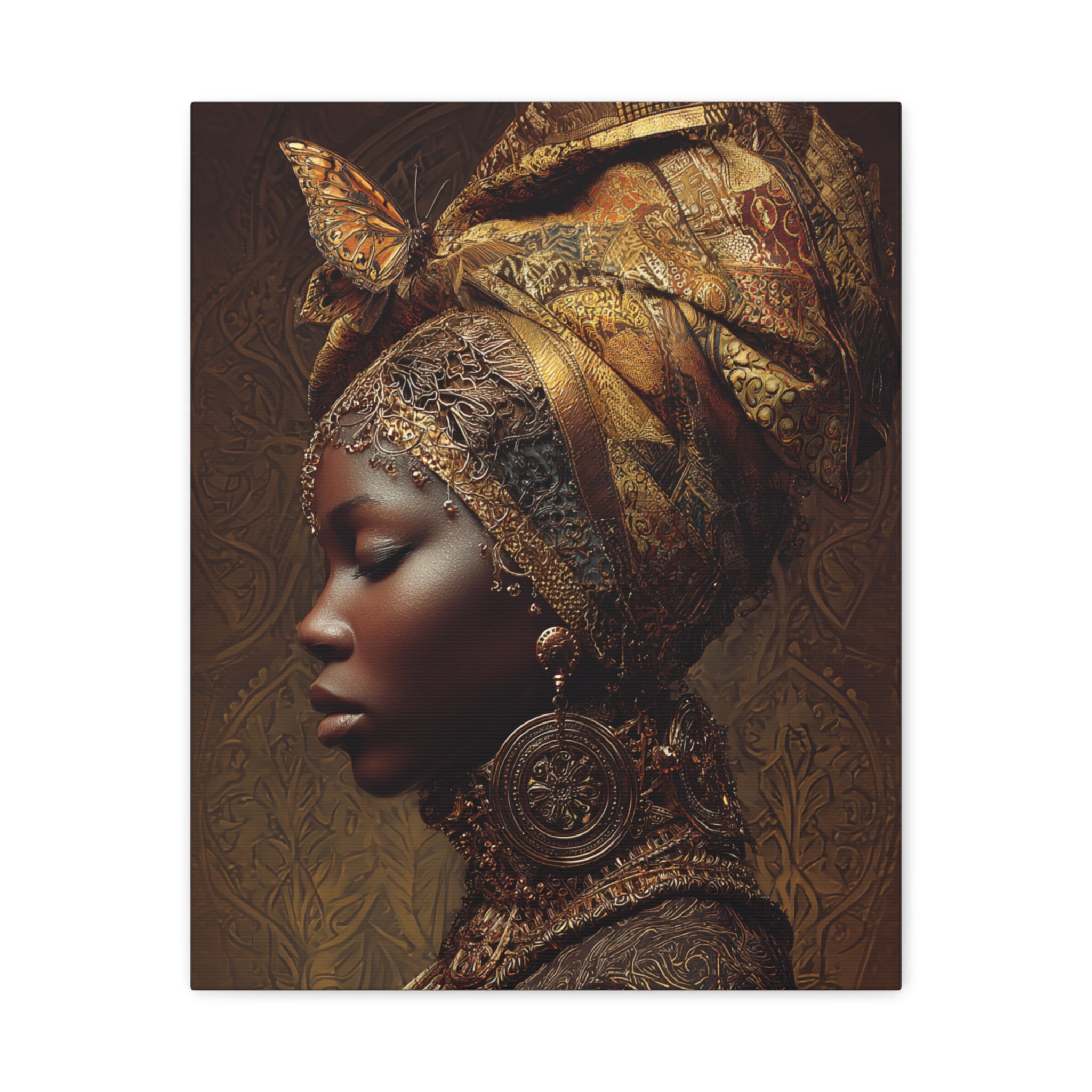 African Woman Wall Art Canvas Print – Gold Headwrap Portrait, Black Woman Art, Boho Neutral Modern Home Decor