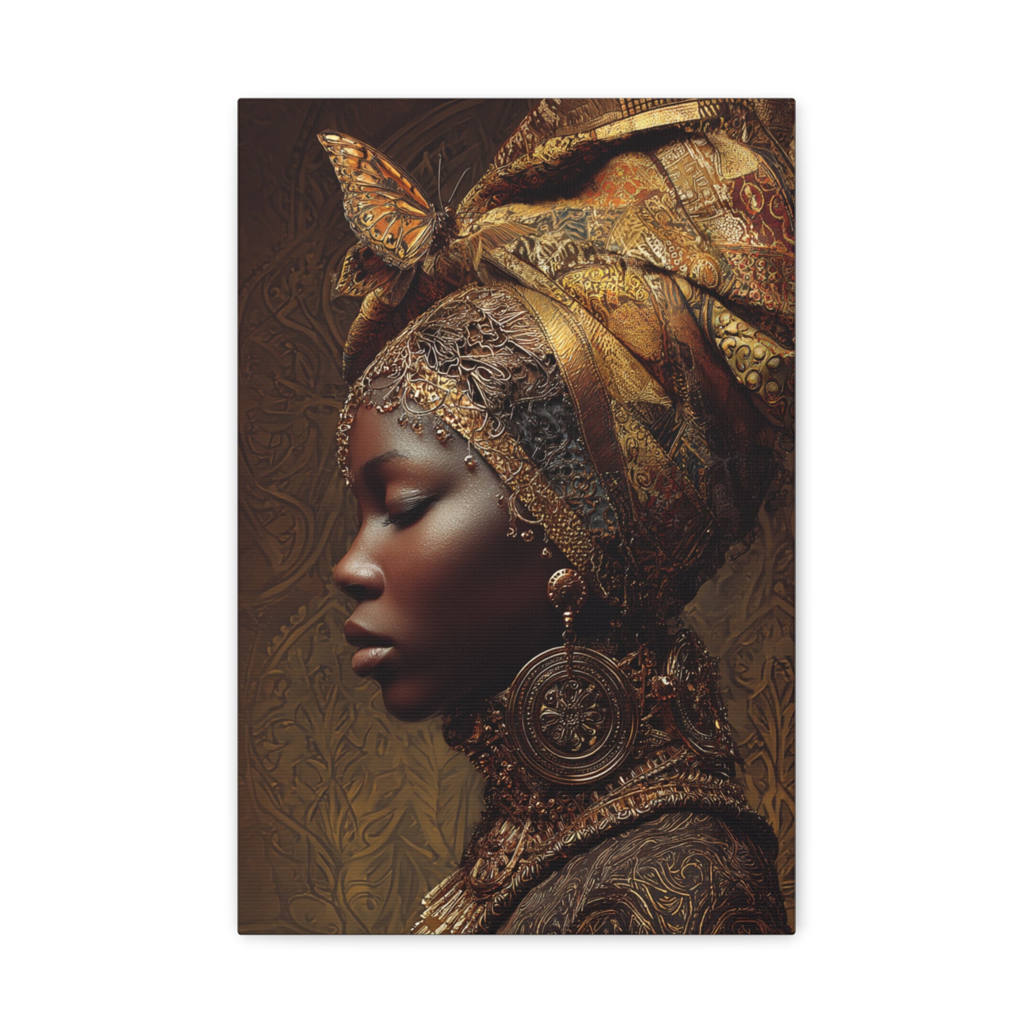 African Woman Wall Art Canvas Print – Gold Headwrap Portrait, Black Woman Art, Boho Neutral Modern Home Decor