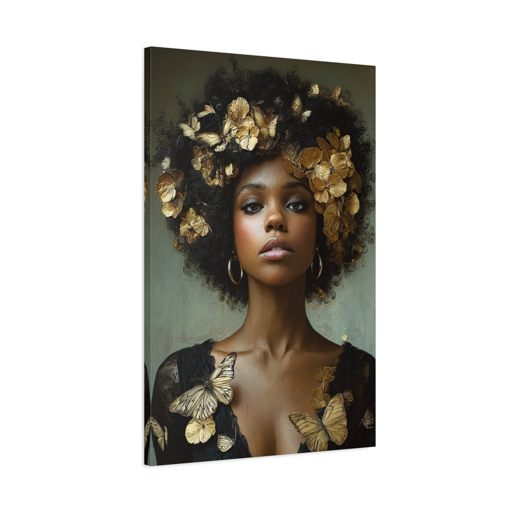 Lienzo decorativo para pared Mujer negra – Retrato floral afro dorado