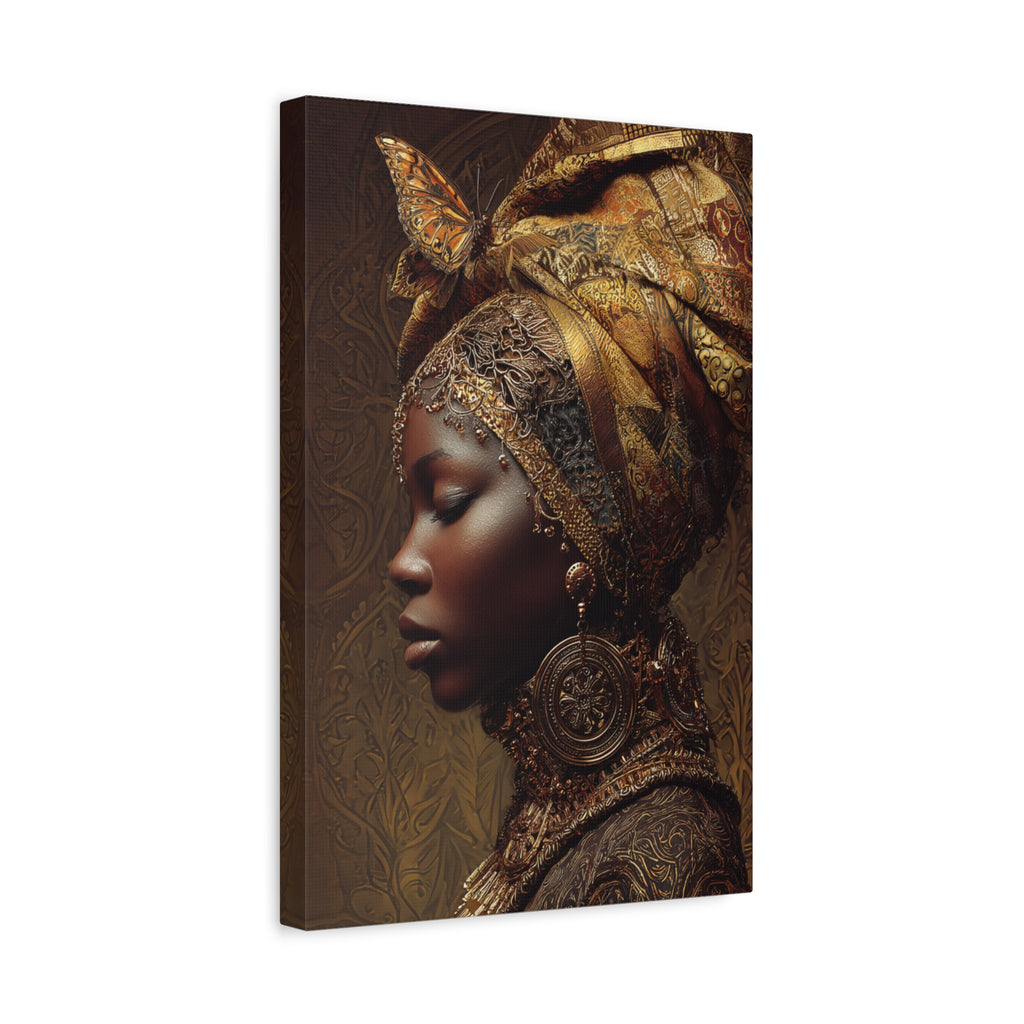African Woman Wall Art Canvas Print – Gold Headwrap Portrait, Black Woman Art, Boho Neutral Modern Home Decor