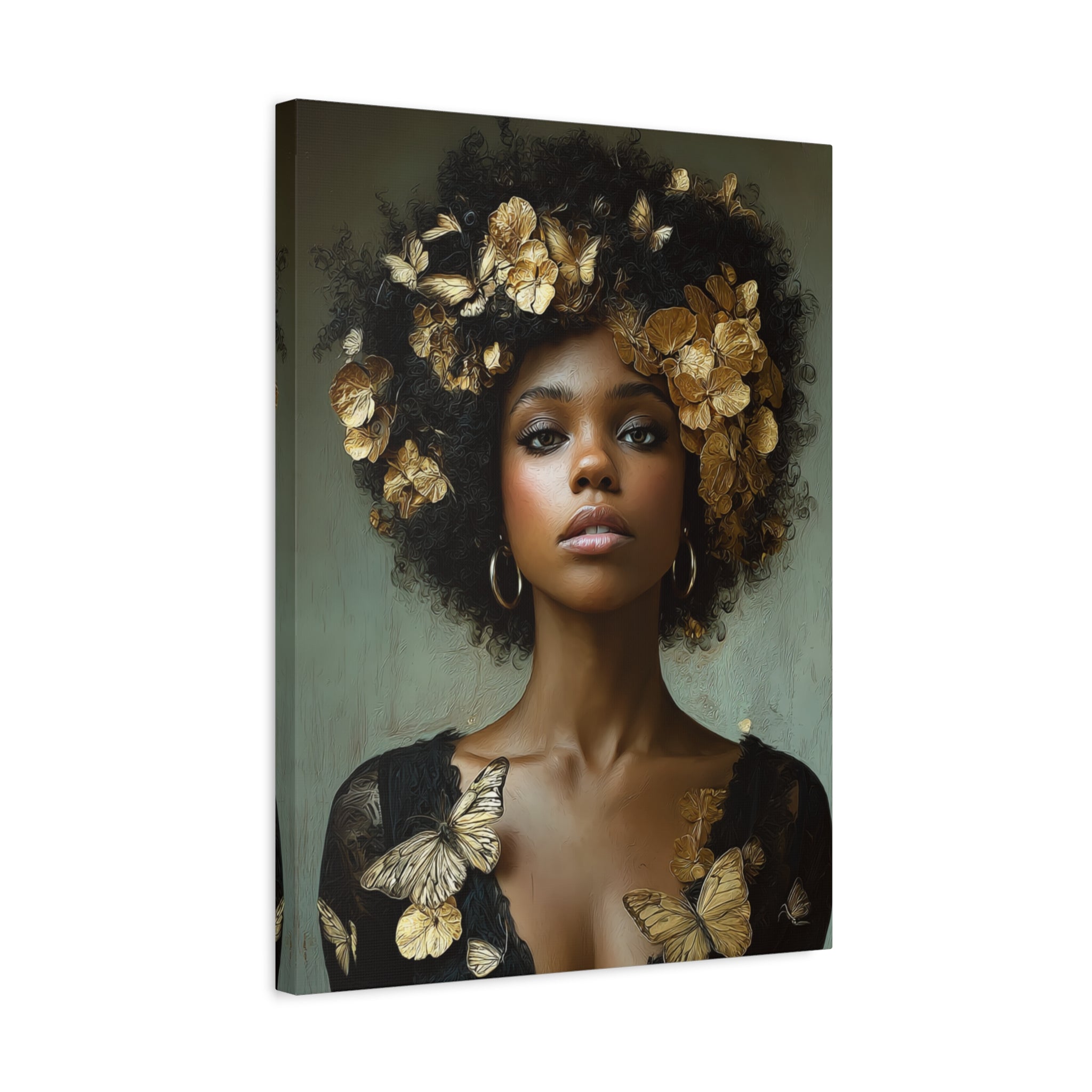 Lienzo decorativo para pared Mujer negra – Retrato floral afro dorado