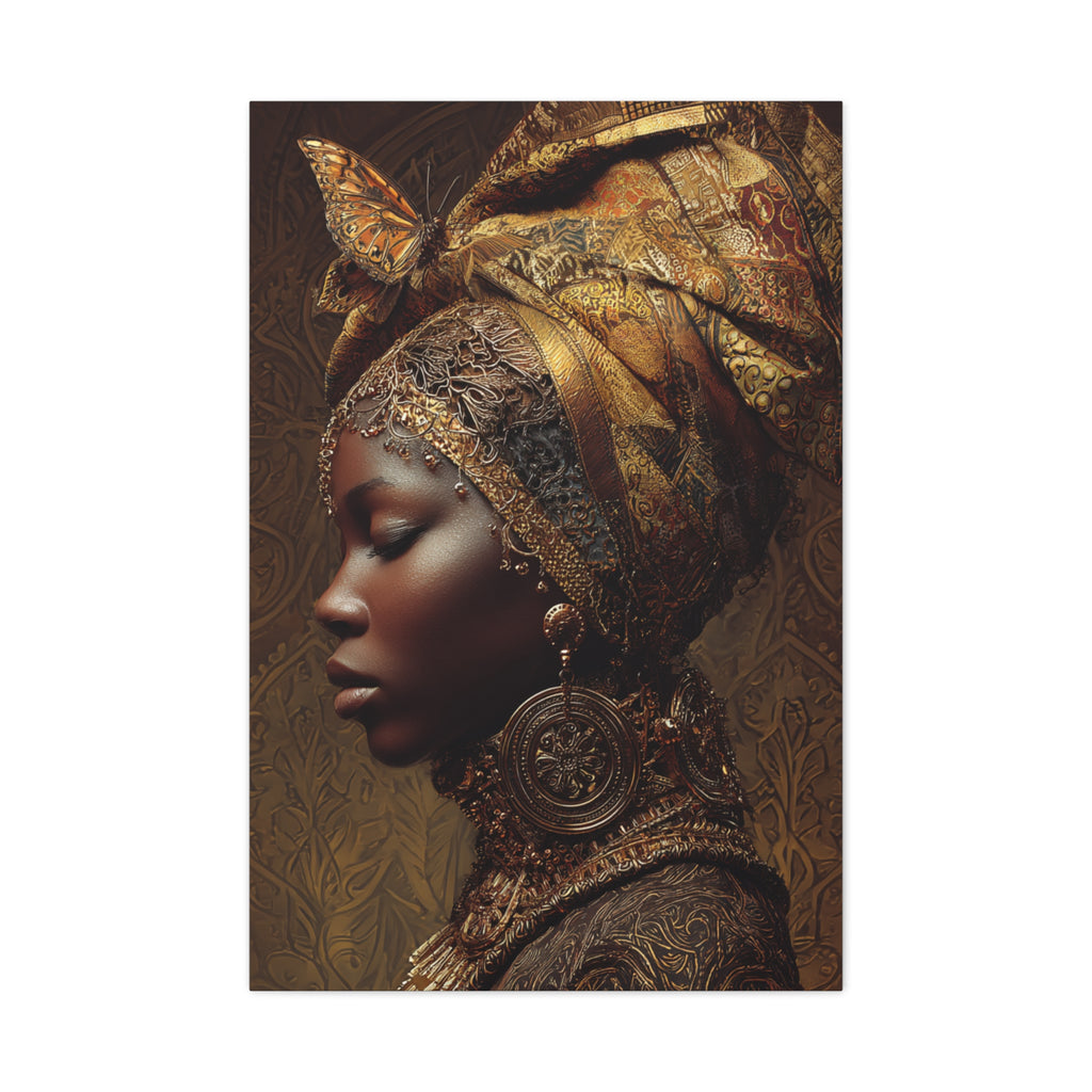 African Woman Wall Art Canvas Print – Gold Headwrap Portrait, Black Woman Art, Boho Neutral Modern Home Decor